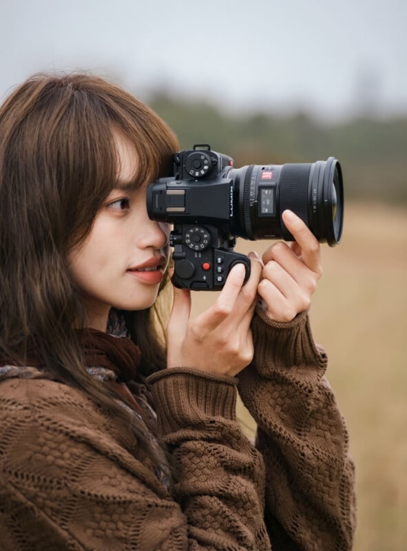 A woman with long brown hair, wearing a brown knit sweater, is outdoors holding a camera up to her eye and taking a photo. The background appears blurred and natural, suggesting a field or park.