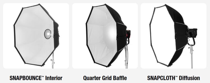 Three studio lighting modifiers are shown: a SNAPBOUNCE™ Interior with a reflective interior, a Quarter Grid Baffle with a partially translucent center, and a SNAPCLOTH™ Diffusion with a soft white diffuser.