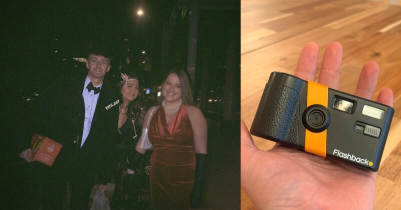 A dark, grainy photo shows three people dressed formally at night, and a clear image of a hand holding a black and yellow disposable camera labeled "Flashback.