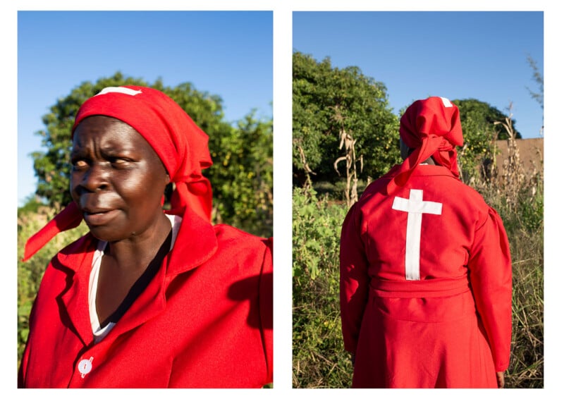 Two side-by-side photos of a woman wearing a bright red outfit and headscarf with a white cross; the left image shows her face, and the right shows her back against a green, outdoor background.