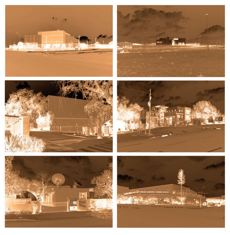 A collage of six sepia-toned, inverted images showing various urban and suburban buildings, streets, and trees under cloudy skies, arranged in two rows and three columns.