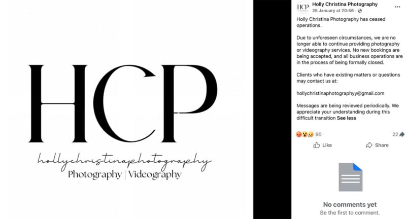 A social media post by Holly Christina Photography announces that the business has ceased operations, with a large "HCP" logo in the center and contact details below. The post explains the end of photography and videography services.