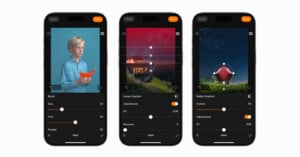 Three smartphone screens display photo editing tools: the first shows a boy holding a red origami boat, the second shows a house at sunset, and the third shows a night sky with editing sliders and mask options below each image.