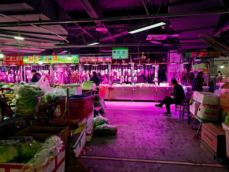 Indoor market scene with pink and purple lighting, fresh vegetables in the foreground, and a lone vendor sitting on a chair near stalls displaying hanging meat. Signs with Chinese characters hang above the counters.