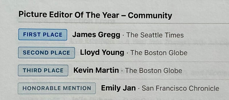 A list showing winners of "Picture Editor Of The Year – Community": First place James Gregg (The Seattle Times), second Lloyd Young (The Boston Globe), third Kevin Martin (The Boston Globe), honorable mention Emily Jan (San Francisco Chronicle).