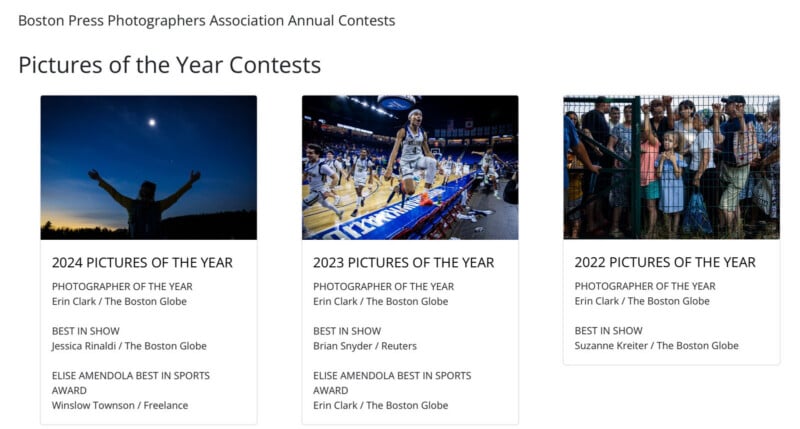 A webpage titled "Pictures of the Year Contests" shows three featured images for winners from 2022-2024, each listing winners for Photographer of the Year, Best in Show, and Elise Amendola Best in Sports Award.