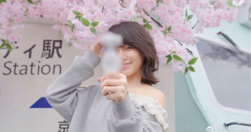 Una mujer con el pelo hasta los hombros se para frente a flores de cerezo rosadas, sonriendo y sosteniendo un objeto hacia la cámara, que está desenfocado. Al fondo se puede ver un logotipo con un texto en japonés.