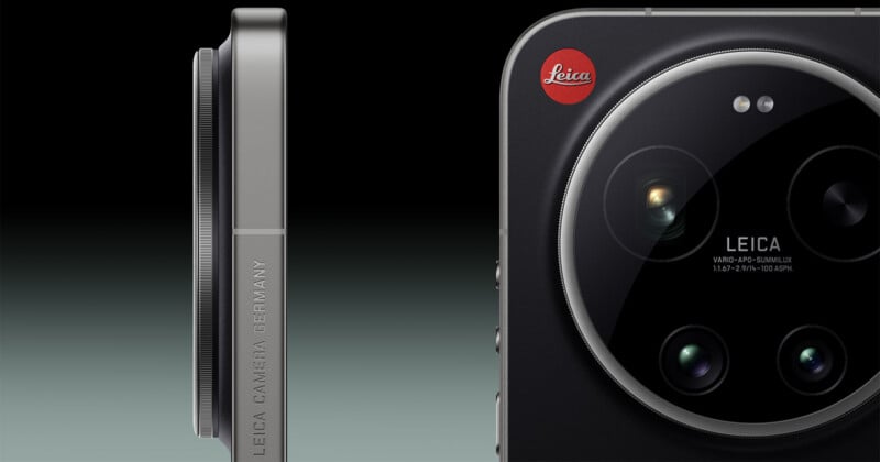 Close-up of a smartphone’s rear camera module with multiple lenses, Leica branding, and a slim side profile showing engraved text "Leica Camera Germany" on the edge.