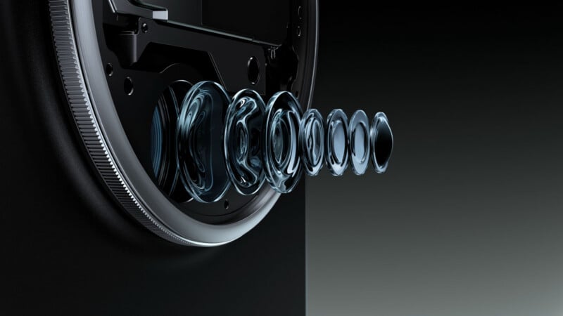 Close-up digital rendering of a camera lens assembly, showing multiple transparent glass lens elements aligned in a row, partially inside a metallic lens housing, against a dark gradient background.