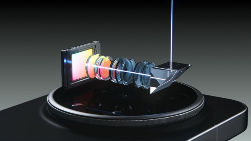 A digital illustration of a smartphone camera system, showing a cutaway with stacked lenses, a sensor, and a prism directing a beam of light through the lens assembly onto the sensor.