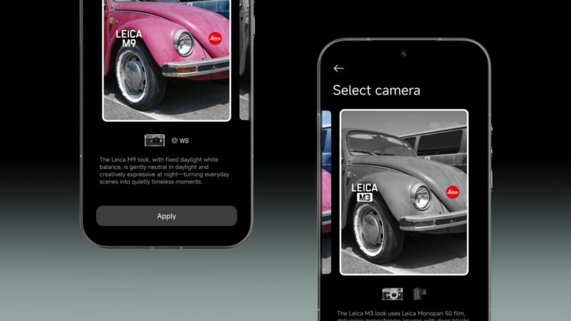 Two smartphones display a photo editing app with a vintage red Volkswagen Beetle. Both screens show the option to apply the “Leica M9” camera filter for a classic, timeless look.