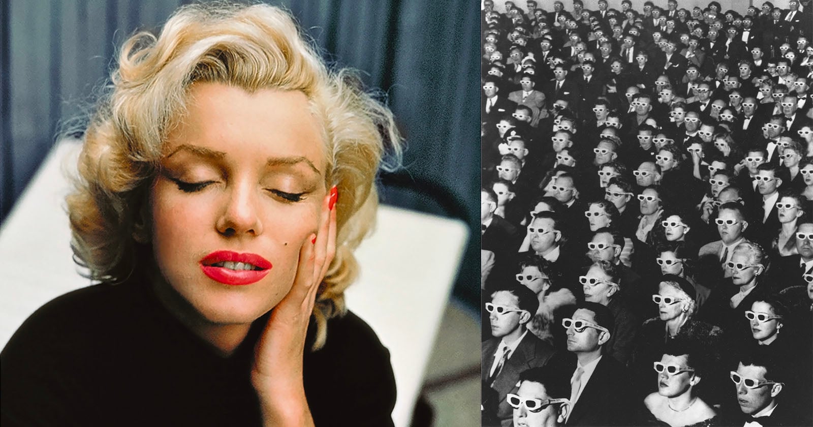 A woman with blonde hair and red lipstick poses with her eyes closed and hand on her face; next to her, a black-and-white crowd watches an event wearing 3D glasses.