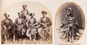 A sepia-toned photo split in two: on the left, five men in traditional Indian attire sit and stand in a formal pose; on the right, a woman in draped clothing sits with her hands folded, looking downward.