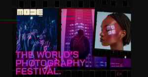 Filmstrip with three images: a crowd at a concert, a person in front of a tall pink-lit building, and a woman with "MODE" painted on her face. Text reads: "THE WORLD'S PHOTOGRAPHY FESTIVAL.