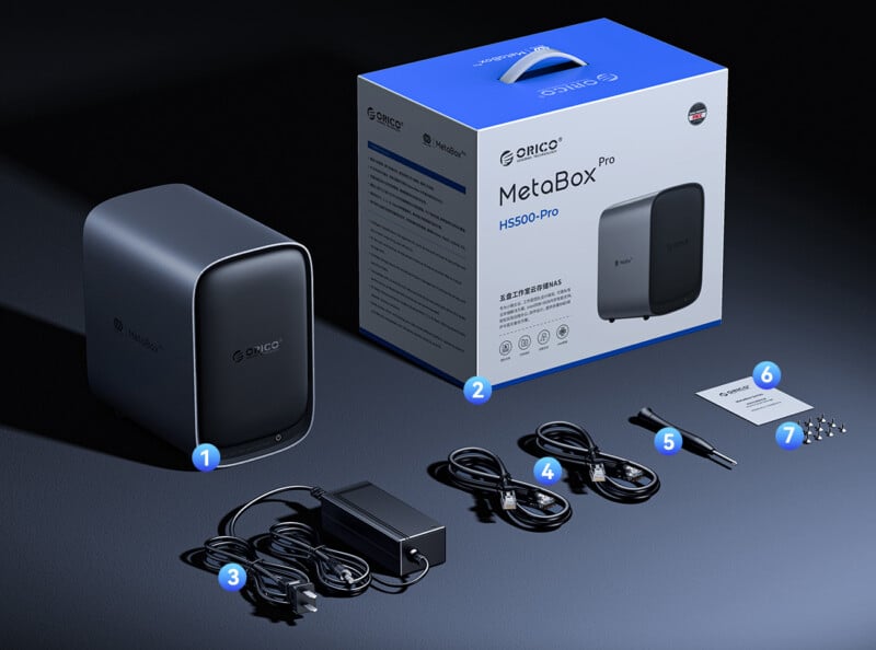 A sleek ORICO MetaBox Pro HS500-Pro device with its power adapter, power cable, USB cable, Thunderbolt cable, screws, a quick start guide, and product box, all displayed on a dark surface and labeled with blue numbers.