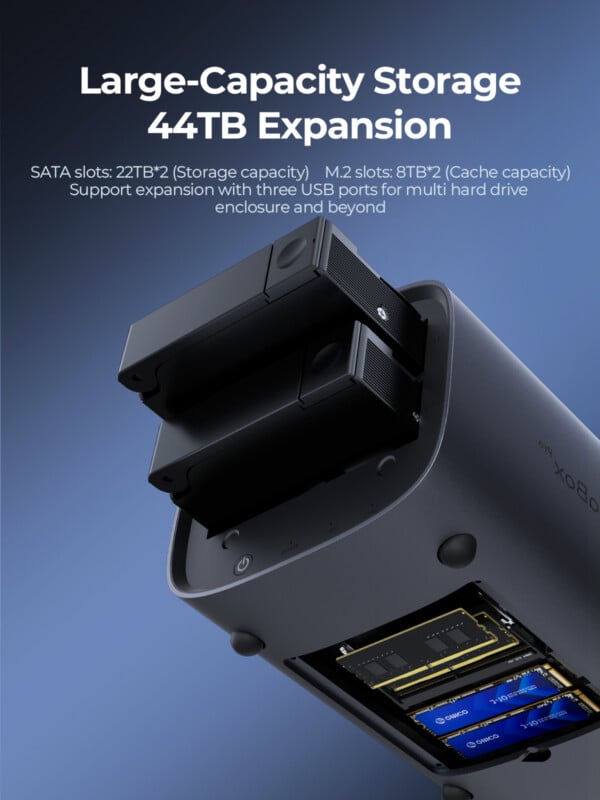 A close-up of a storage device with two hard drives inserted and two M.2 SSDs visible, highlighting large-capacity storage expansion up to 44TB with SATA and M.2 slots, plus three USB ports for additional expansion.