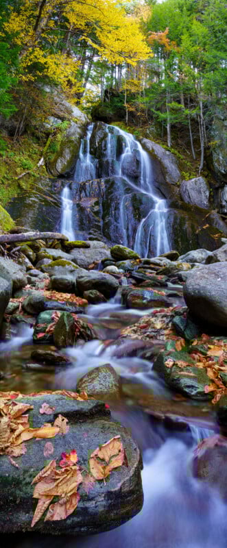A tall waterfall cascades over rocks into a stream, surrounded by mossy boulders and autumn trees with yellow and green leaves; fallen leaves rest on wet stones in the foreground.