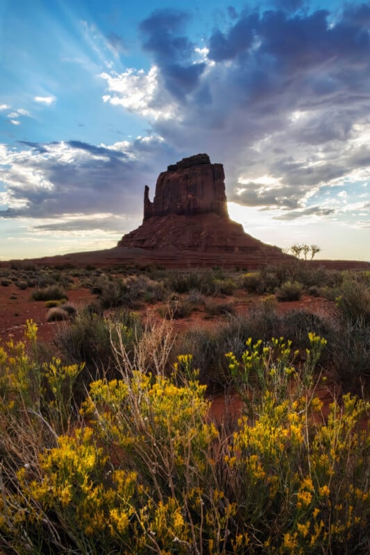 A tall, rugged rock formation rises from a desert landscape with yellow wildflowers in the foreground. The sky is partly cloudy, with sunlight streaming through the clouds near the horizon.