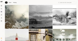 A grid of six photographs on a webpage shows landscapes, buildings, and interiors, including a snowy scene, an ocean pier, a lighthouse, a yellow-tiled building, and rows of washing machines.