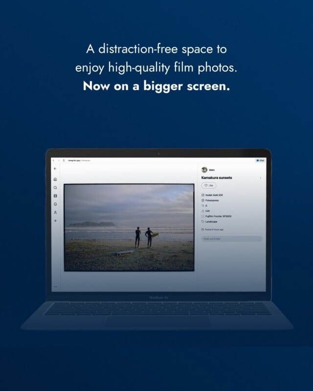 A laptop displays a photo of two people walking on a beach, with text above stating: “A distraction-free space to enjoy high-quality film photos. Now on a bigger screen.” The background is a gradient blue.