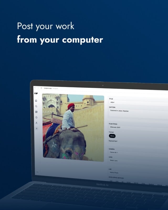 A laptop screen displays a photo of a person in a red turban riding an elephant, along with image details. Text above reads, "Post your work from your computer" on a dark blue background.