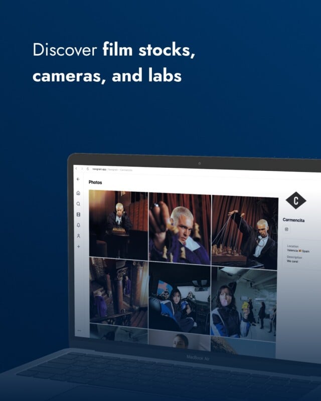 A laptop displays a photo gallery featuring various portraits and scenes. Above, text on a blue background reads: "Discover film stocks, cameras, and labs.
