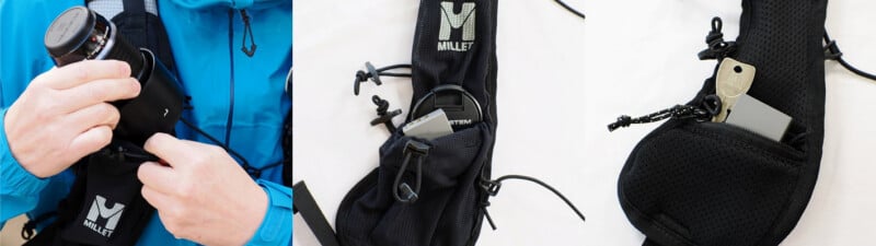 A person in a blue jacket places a camera in a black Millet chest pack; close-up shots show pockets holding a USB drive and a key on the black pack.