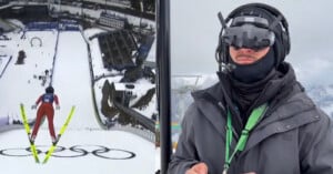 Split image: On the left, a ski jumper in mid-air above Olympic rings on a snowy slope; on the right, a person wearing a VR headset and winter gear stands outdoors, holding a controller.