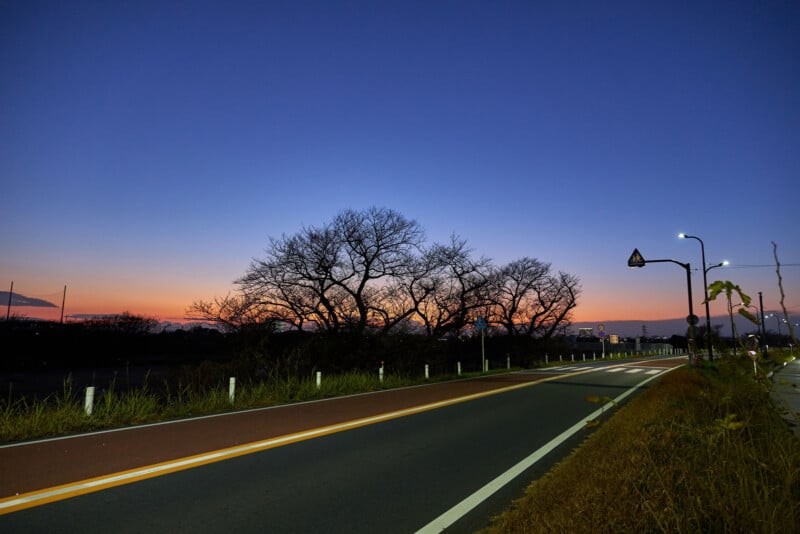 A quiet road at dusk with bare trees silhouetted against a colorful sunset sky. Streetlights illuminate the roadside, and the sky transitions from blue to orange near the horizon.