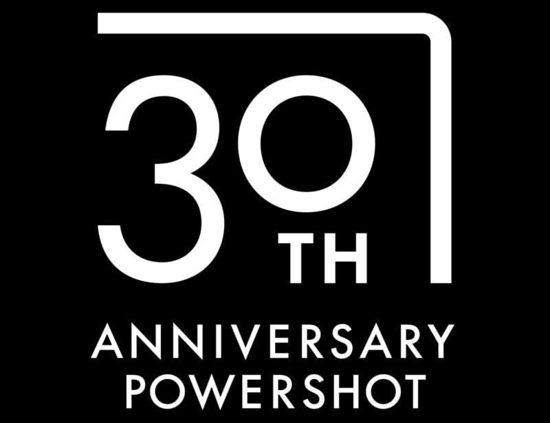 White text on a black background reads "30th Anniversary PowerShot." The number 30 features a stylized top right corner with a line extending downward, creating a modern, graphic look.