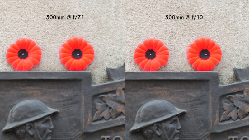 Side-by-side comparison of two red poppies on a war memorial, photographed at 500mm using f/7.1 (left) and f/10 (right), showing differences in depth of field and image sharpness.