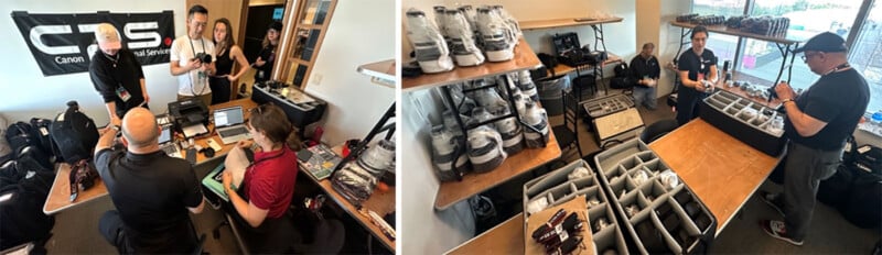 Dos fotografías muestran a personas trabajando en una sala llena de estantes con equipos fotográficos. Un grupo se reunió alrededor de una mesa con computadoras portátiles, mientras que otro grupo organizó el equipo en casilleros y estantes llenos de cámaras y accesorios.