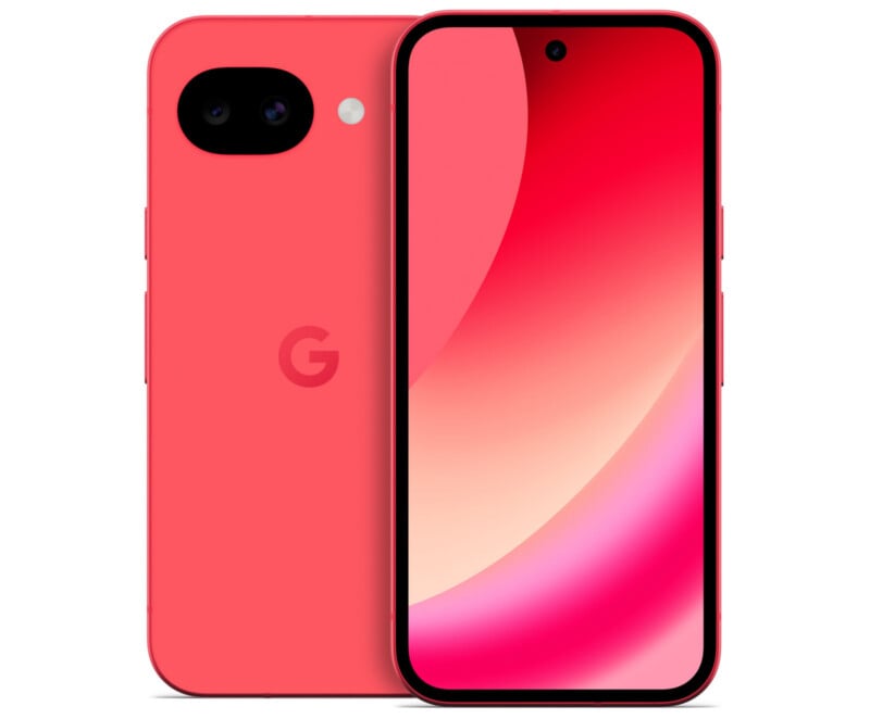 A red smartphone is shown from the back and front. The back features a camera, flash, and "G" logo, while the front displays an edge-to-edge screen with a subtle red and pink gradient wallpaper.