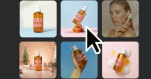 A collage of six images featuring a clear bottle labeled "YOUR BRAND" filled with amber liquid. One image shows a woman holding the bottle to her face. A large cursor hovers over the collage.