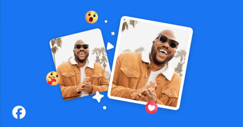 A man wearing sunglasses and a brown jacket smiles and clasps his hands. Two overlapping photos of him appear on a blue background with Facebook and emoji icons around them.