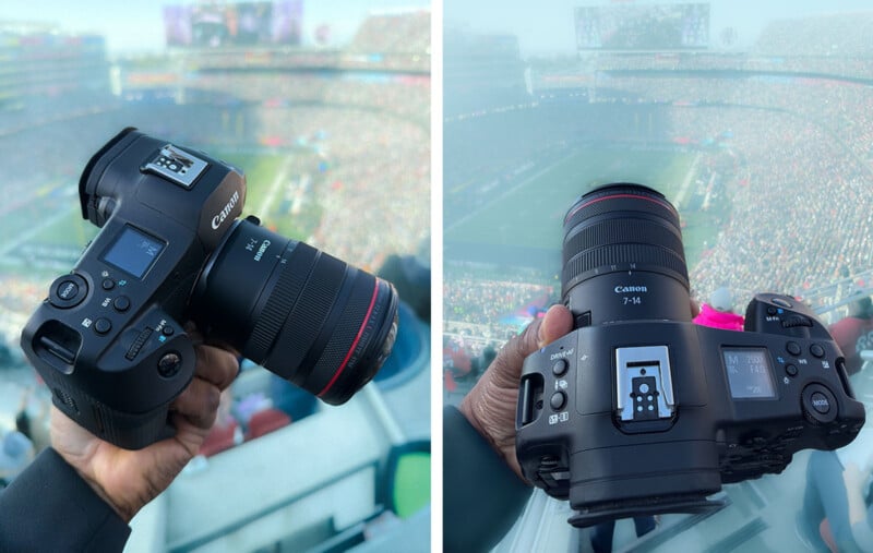 Dos fotografías, una al lado de la otra, muestran una mano sosteniendo una cámara Canon EOS R5 con una lente Canon RF 24-70 mm dentro de un estadio, con una vista borrosa del estadio y la multitud al fondo.
