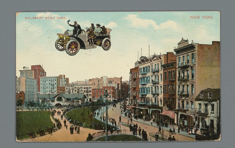 A vintage postcard illustration of Mulberry Bend Park in New York, featuring several people riding in a flying early-model car above a lively city street and park scene with historic buildings.