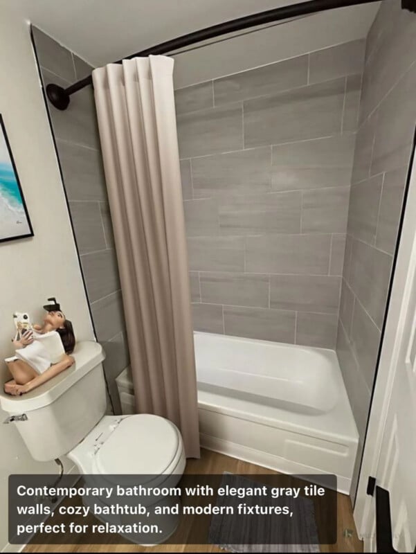 Contemporary bathroom with gray tile walls, white bathtub with beige shower curtain, white toilet topped with a doll, and a framed wall picture, creating a modern and relaxing atmosphere.