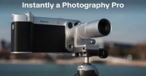 A digital camera with a large telephoto lens mounted on a tripod is shown outdoors, with blurred buildings and water in the background. The text "Instantly a Photography Pro" appears above the camera.