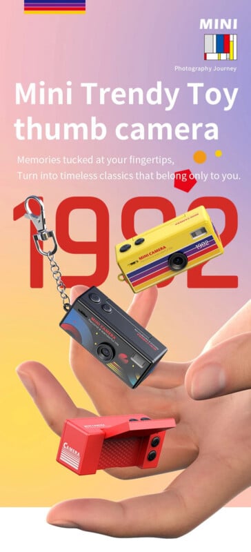 A hand holds three colorful, retro-style mini toy cameras on keychains, with “Mini Trendy Toy thumb camera” text above and a large ”1982” in the background. The design is playful and nostalgic with a pastel gradient background.
