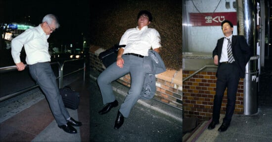 Three men in business attire appear to be exhausted or asleep in public places at night, each reclining or leaning against different city structures outdoors.