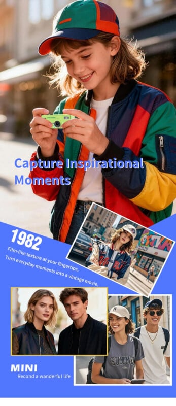 A smiling young woman in a colorful jacket and cap holds a small green camera outdoors; collage includes friends posing, walking, and laughing together, with text promoting capturing inspirational moments and film-like memories.