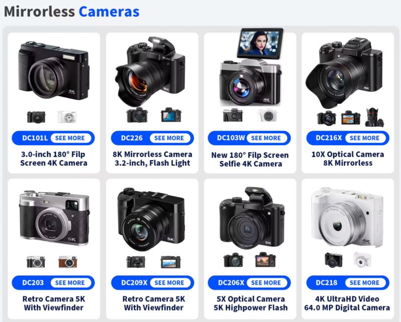 Cuadrícula de ocho cámaras sin espejo, cada una con imagen del producto, nombre del modelo, características como resolución 4K o 5K, pantalla plegable y zoom, y azul "Ver más" botón debajo de cada cámara. Lectura del título del texto "Cámara sin espejo.