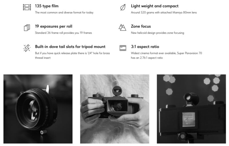 A camera feature list is shown above three black and white photos: a lens, a person holding a camera, and the back of a camera with a viewfinder. The list highlights film type, exposures, and lightweight design.