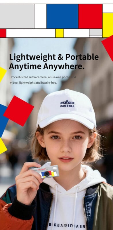 A young person wearing a white cap holds a small, colorful retro camera. The background is blurred, and the image features geometric shapes in red, blue, yellow, and gray, with text promoting a lightweight, portable camera.