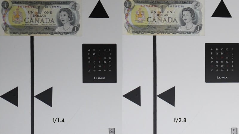 Two test charts side by side, each with a Canadian one dollar bill at the top, letter charts in the center, and bold black geometric shapes. The left image is labeled f/1.4; the right is labeled f/2.8.
