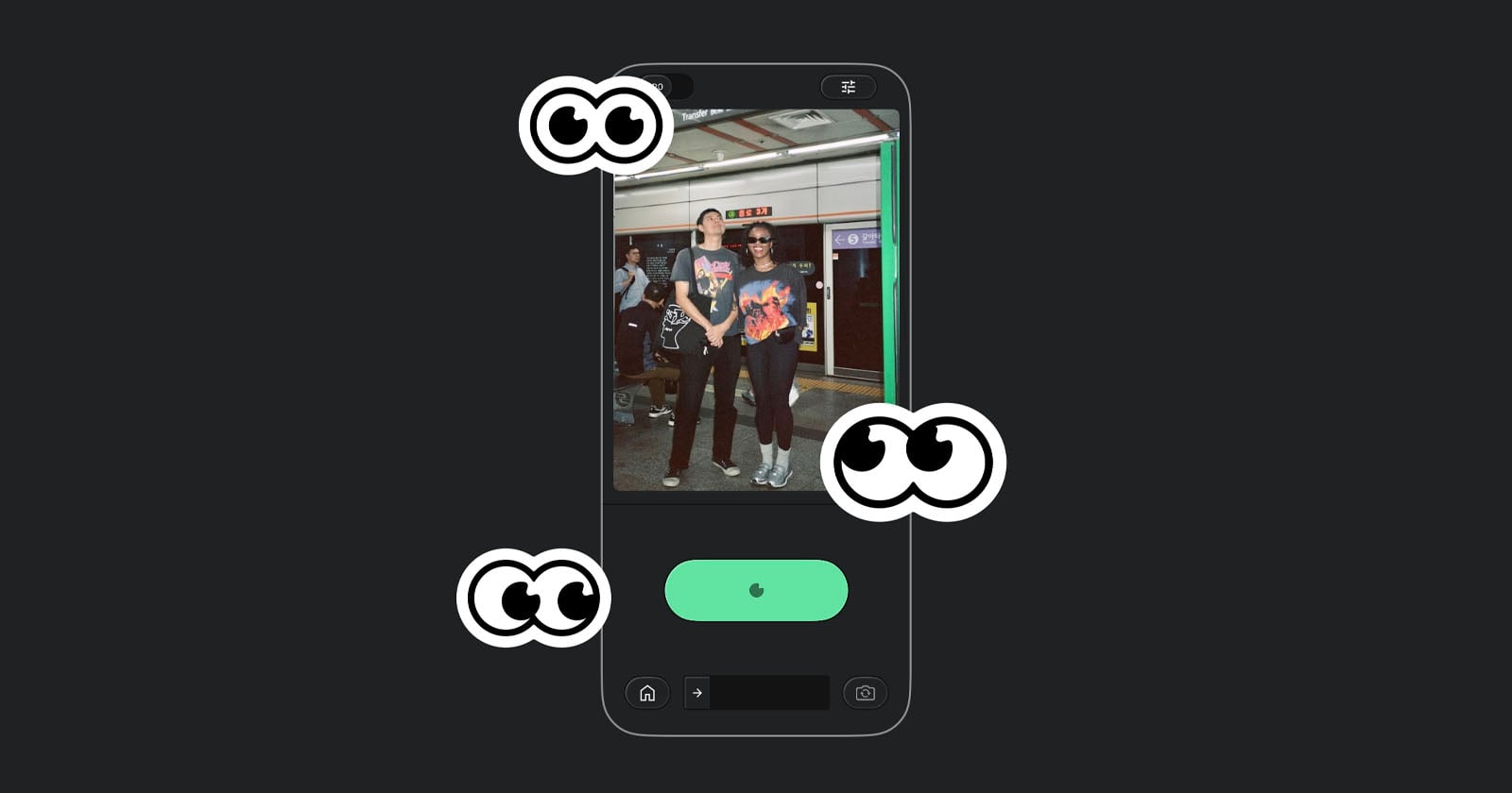 A smartphone screen displays a photo of two people standing together in casual outfits, with illustrated cartoon eyes overlaid on the corners, suggesting observation or attention.