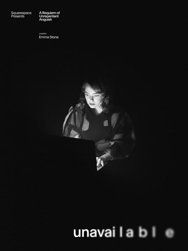A woman illuminated by a laptop screen sits in darkness, with "unavailable" in blurred text at the bottom. The image is mostly black, and text at the top mentions Squarespace and Emma Stone.