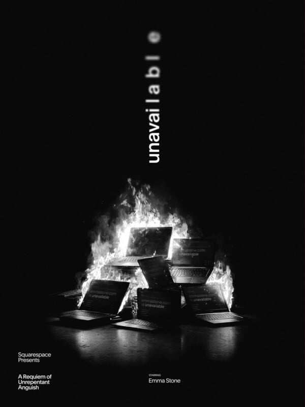 A pile of burning laptops emits smoke in a dark setting. Above, the word "unavailable" appears vertically. Text at the bottom mentions "Squarespace Presents" and "A Requiem of Unrepentant Anguish," starring Emma Stone.