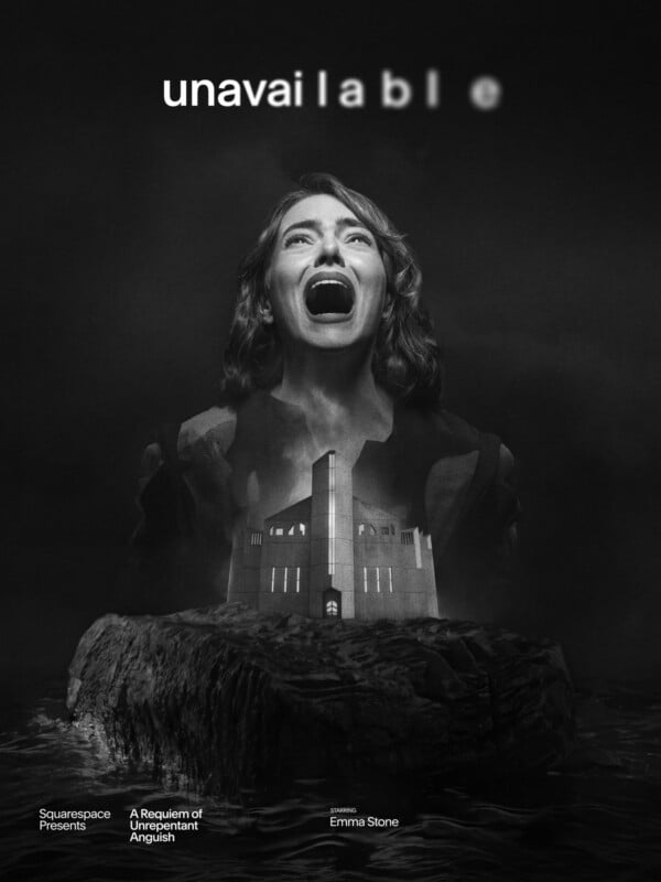 A grayscale poster shows a distressed woman screaming above a surreal building on a rocky island. The word "unavailable" appears at the top, with some letters faded. Credits at the bottom mention Squarespace and Emma Stone.